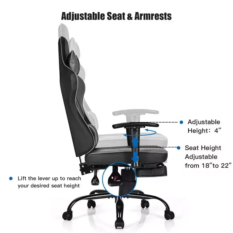 Chaise de jeu, chaise de bureau de course à dossier haut avec repose-pieds, noire.