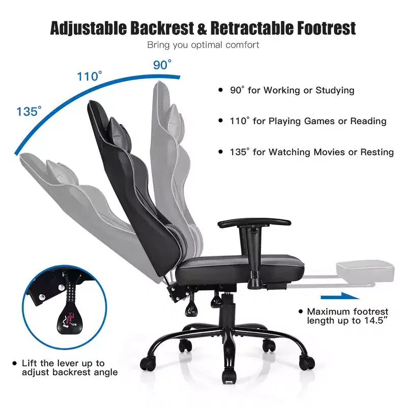 Chaise de jeu, chaise de bureau de course à dossier haut avec repose-pieds, noire.