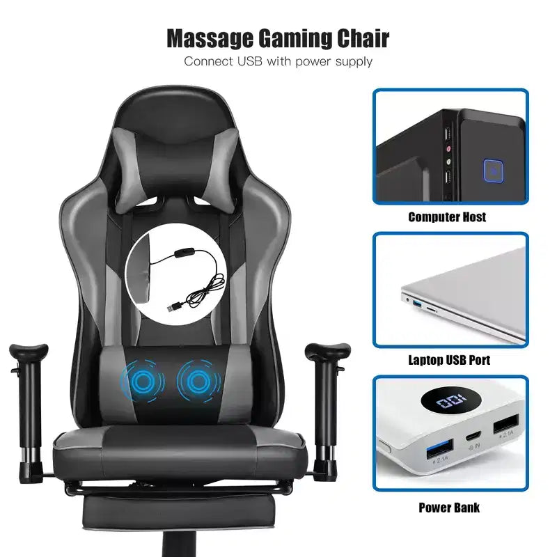 Chaise de jeu, chaise de bureau de course à dossier haut avec repose-pieds, noire.