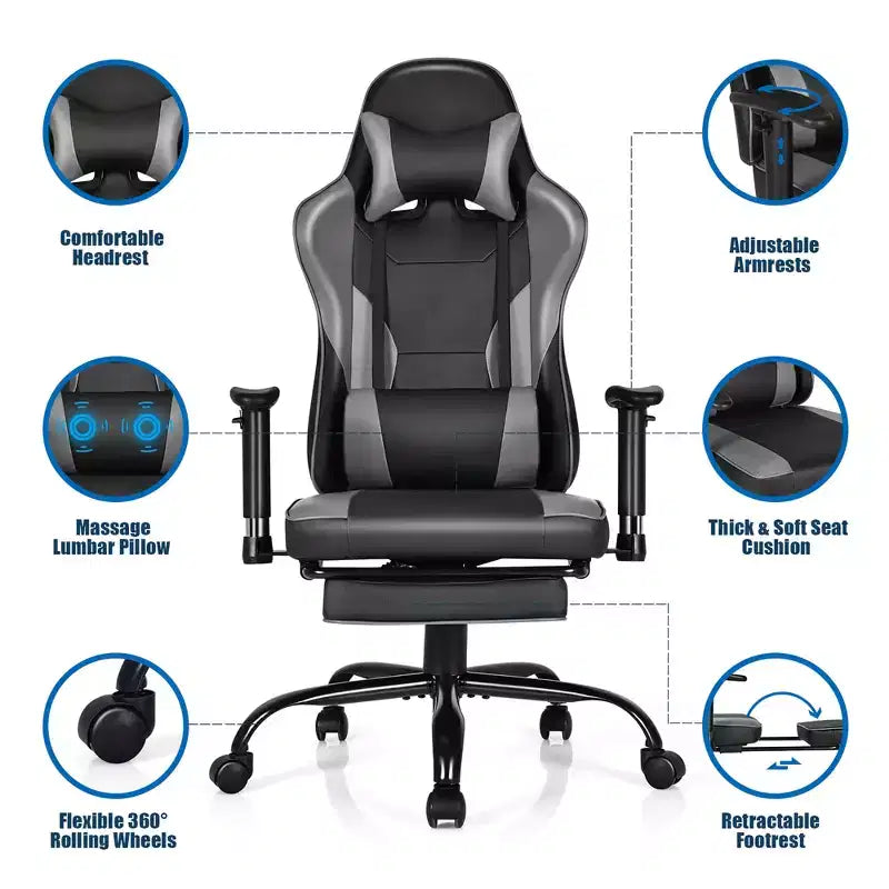 Chaise de jeu, chaise de bureau de course à dossier haut avec repose-pieds, noire.