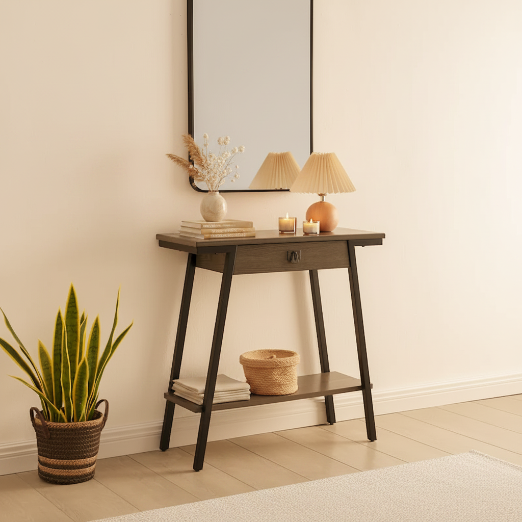 Console en bois avec tiroirs et cadre en métal