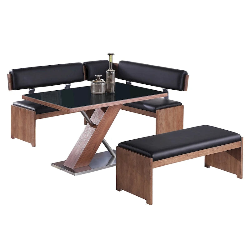 Ensemble de salle à manger et chaises en bois moderne, comprenant table à manger, buffet et banc.