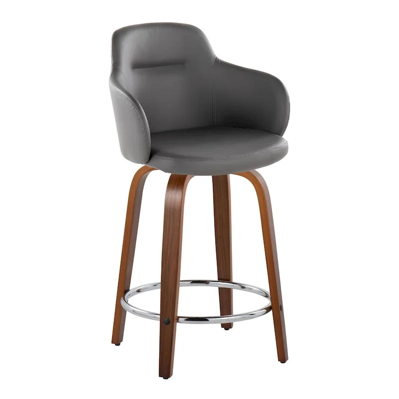 Tabouret de bar à hauteur fixe, pieds en bois courbés, repose-pieds rond