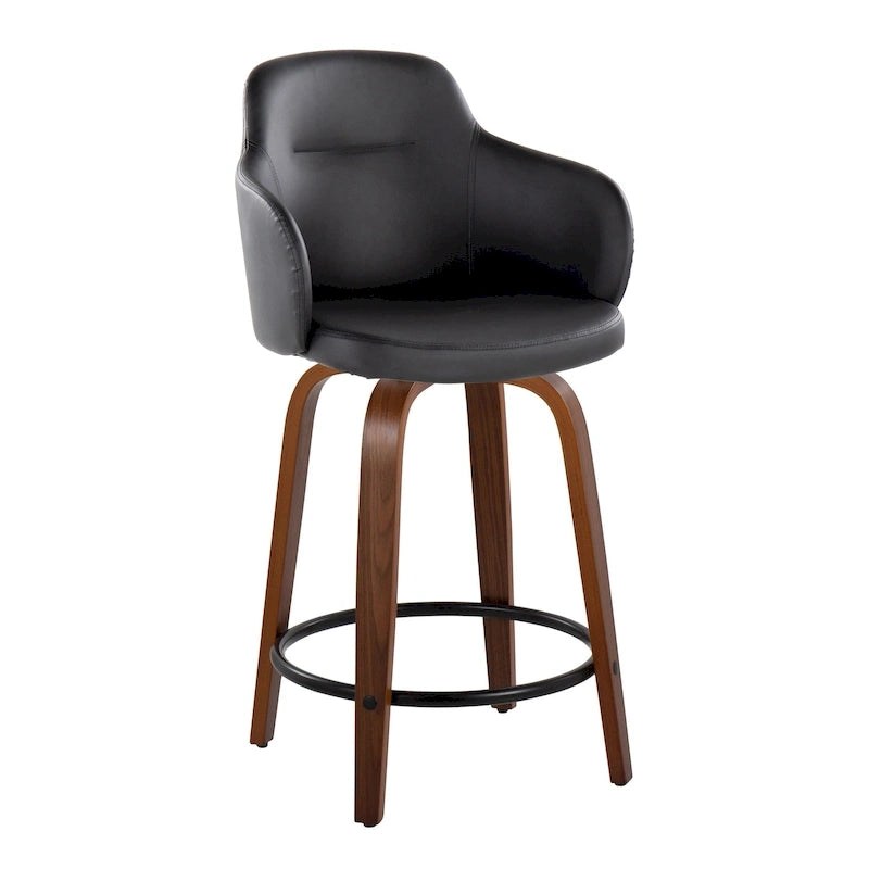 Tabouret de bar à hauteur fixe, pieds en bois courbés, repose-pieds rond