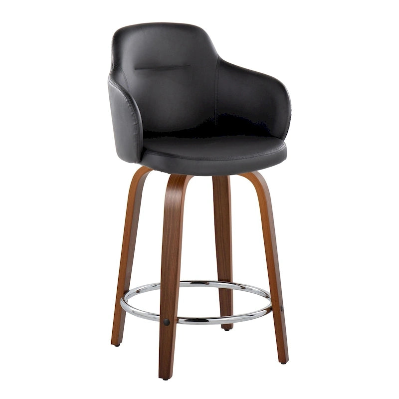 Tabouret de bar à hauteur fixe, pieds en bois courbés, repose-pieds rond