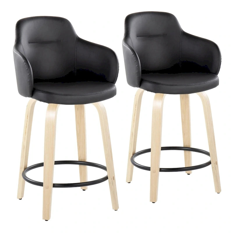 Tabouret de bar à hauteur fixe, pieds en bois courbés, repose-pieds rond