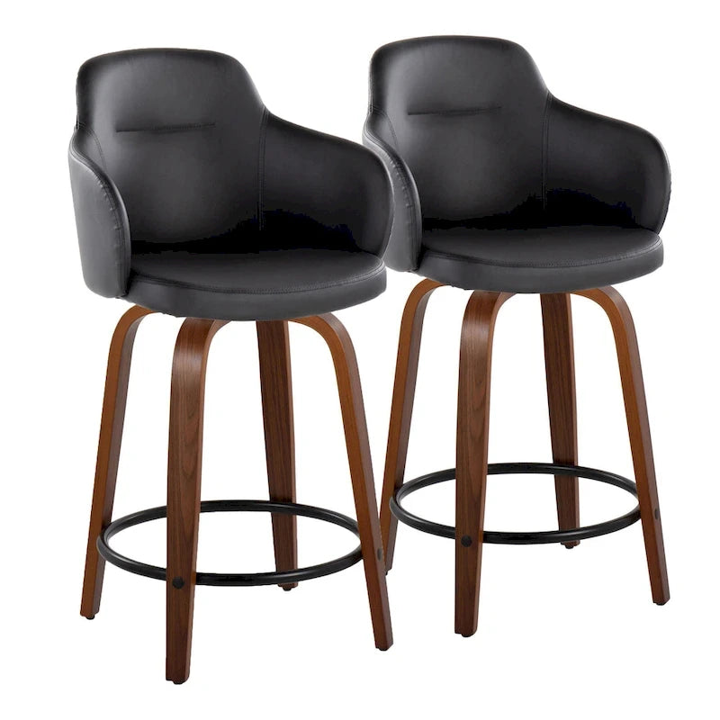 Tabouret de bar à hauteur fixe, pieds en bois courbés, repose-pieds rond