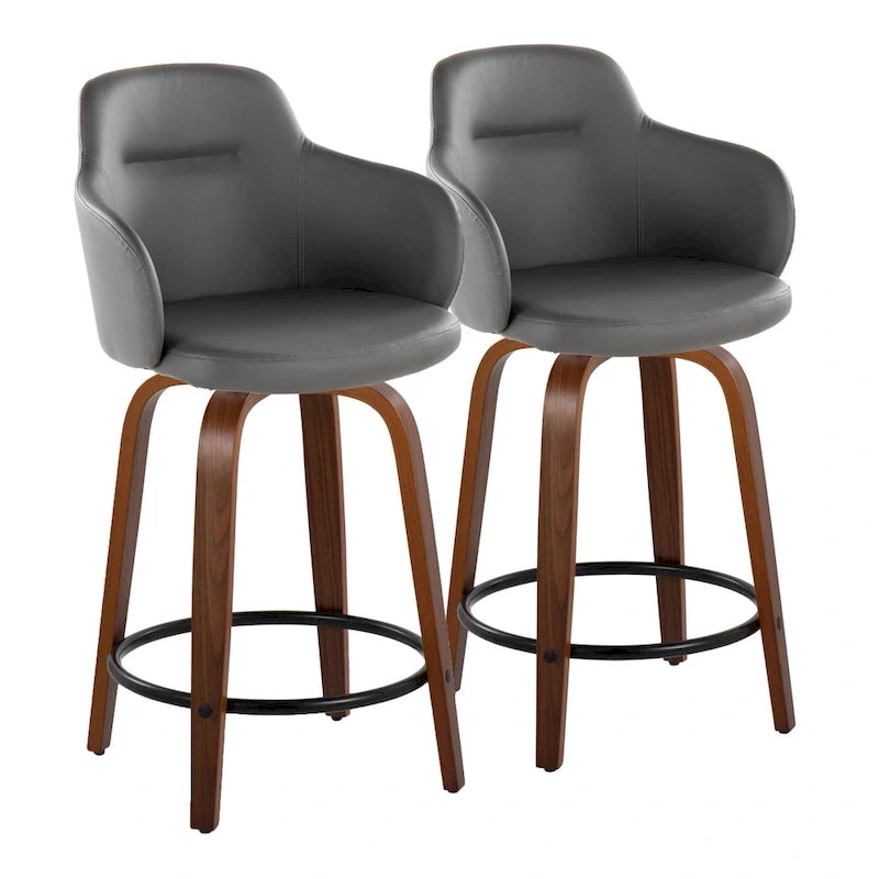 Tabouret de bar à hauteur fixe, pieds en bois courbés, repose-pieds rond