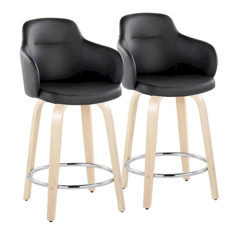 Tabouret de bar à hauteur fixe, pieds en bois courbés, repose-pieds rond