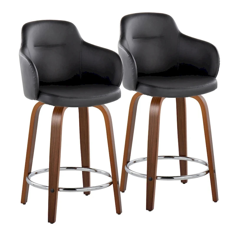 Tabouret de bar à hauteur fixe, pieds en bois courbés, repose-pieds rond