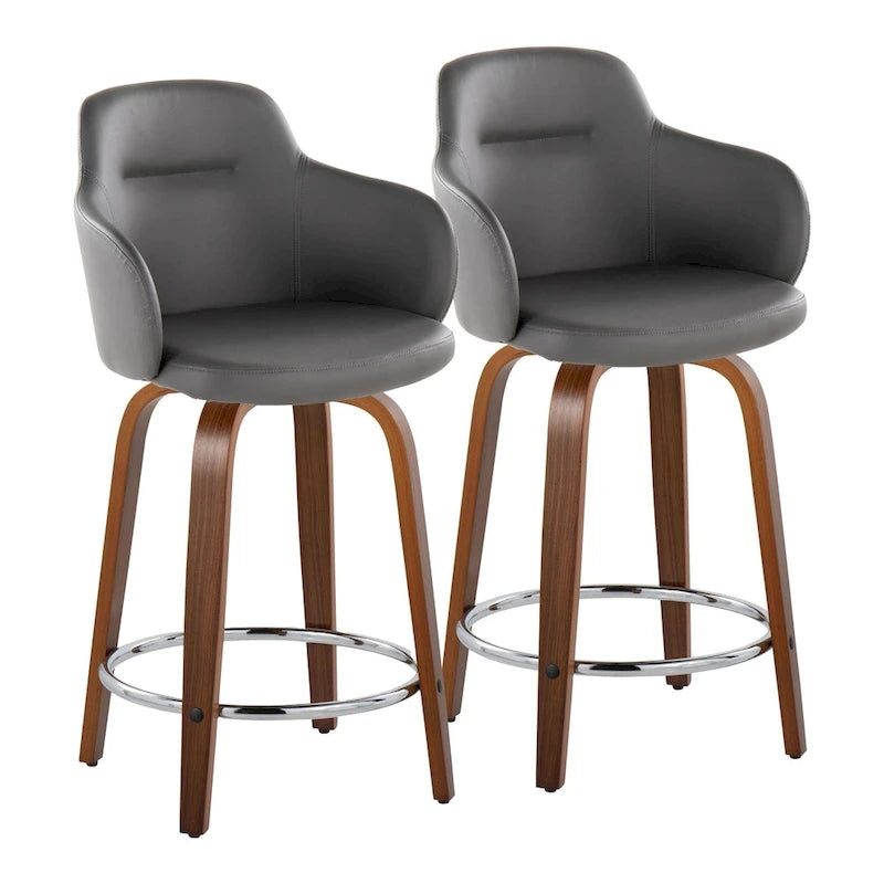 Tabouret de bar à hauteur fixe, pieds en bois courbés, repose-pieds rond