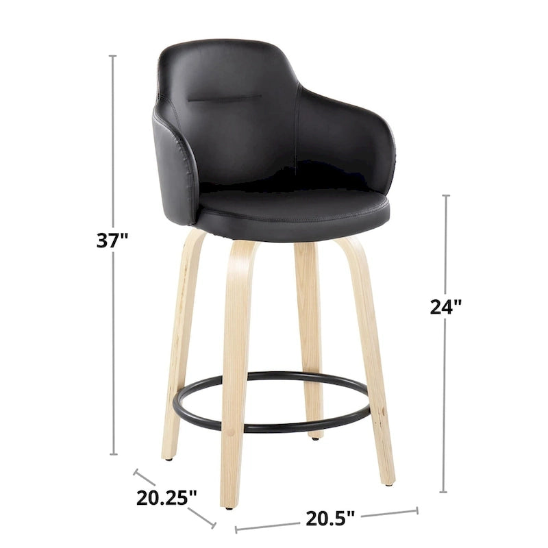 Tabouret de bar à hauteur fixe, pieds en bois courbés, repose-pieds rond