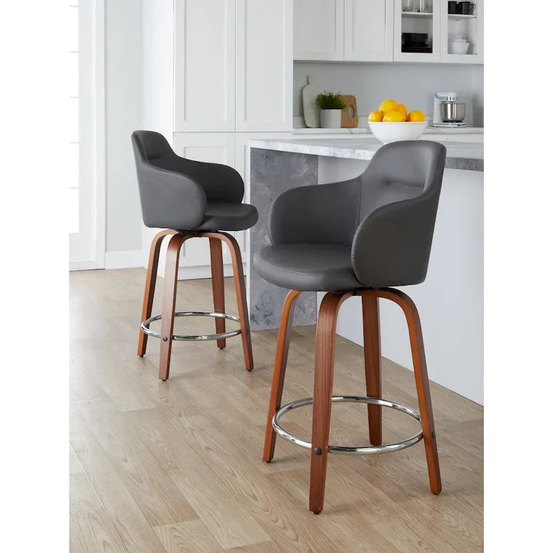 Tabouret de bar à hauteur fixe, pieds en bois courbés, repose-pieds rond