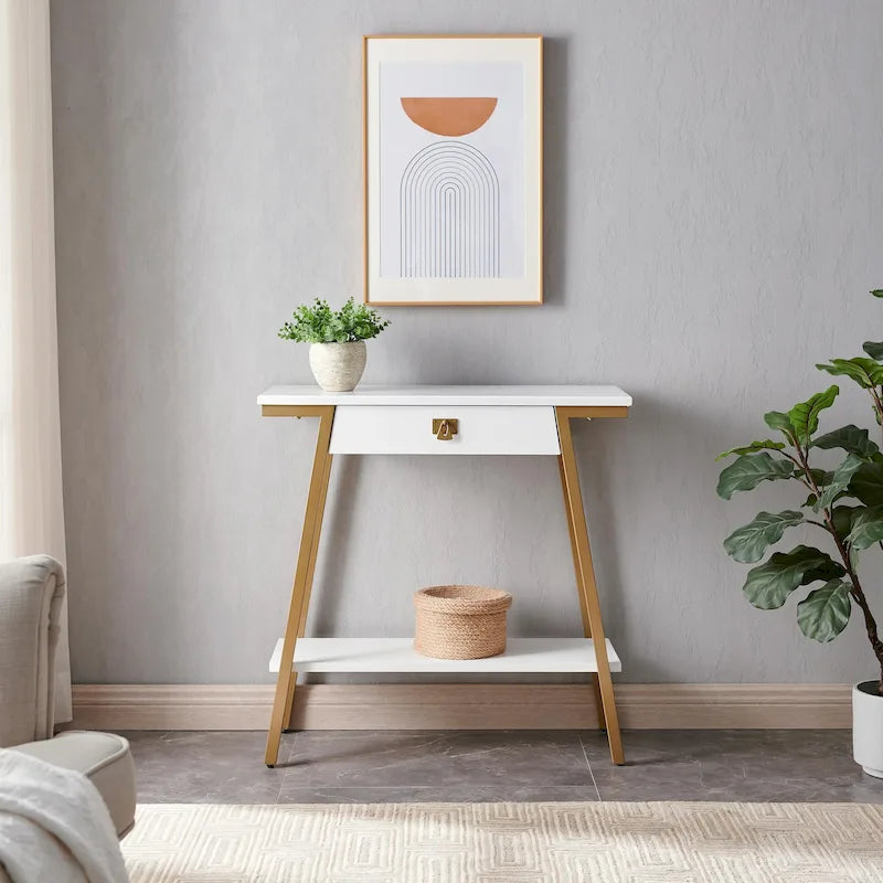 Console en bois avec tiroirs et cadre en métal