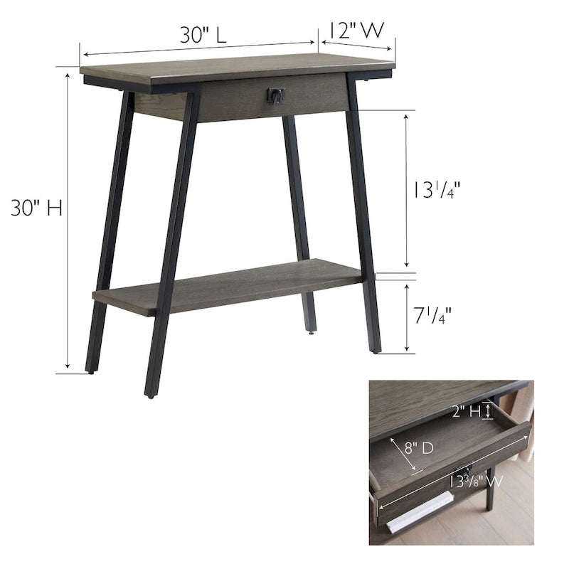 Console en bois avec tiroirs et cadre en métal