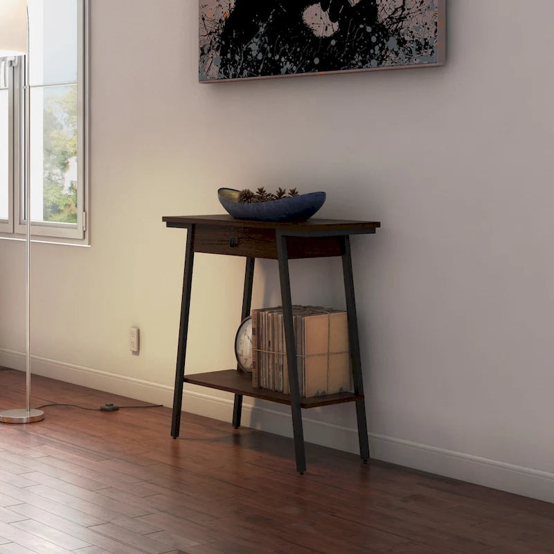 Console en bois avec tiroirs et cadre en métal