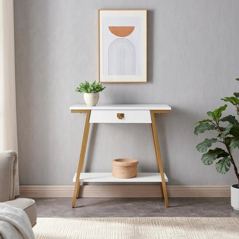 Console en bois avec tiroirs et cadre en métal