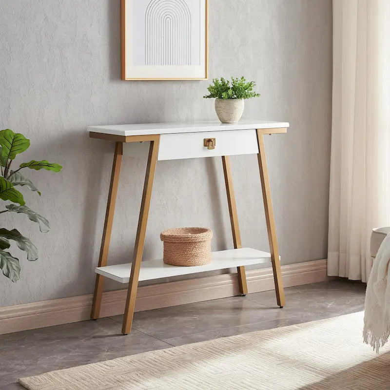 Console en bois avec tiroirs et cadre en métal