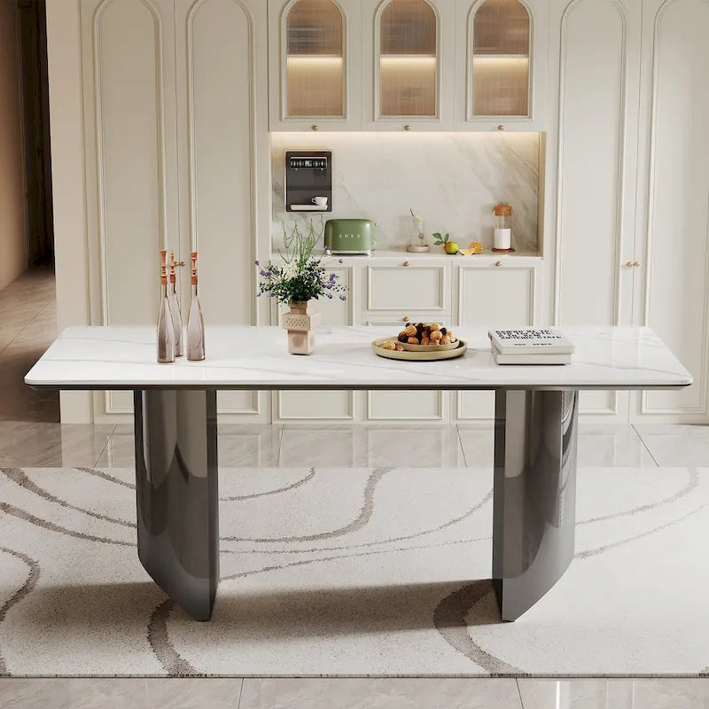 Table de salle à manger avec plateau en verre trempé composite de pierre frittée épaisse et base en acier inoxydable