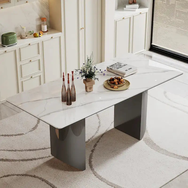 Table de salle à manger avec plateau en verre trempé composite de pierre frittée épaisse et base en acier inoxydable