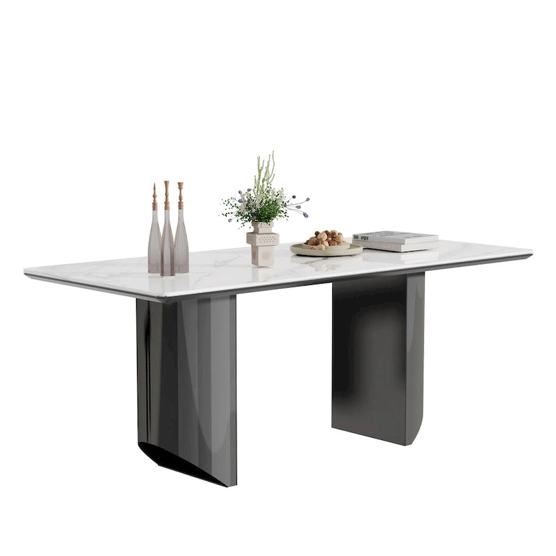 Table de salle à manger avec plateau en verre trempé composite de pierre frittée épaisse et base en acier inoxydable