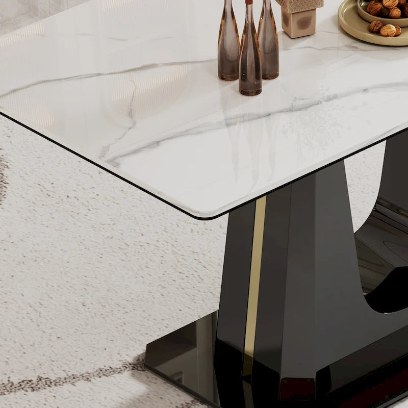 Table de salle à manger avec plateau en verre trempé composite de pierre frittée épaisse et base en acier inoxydable