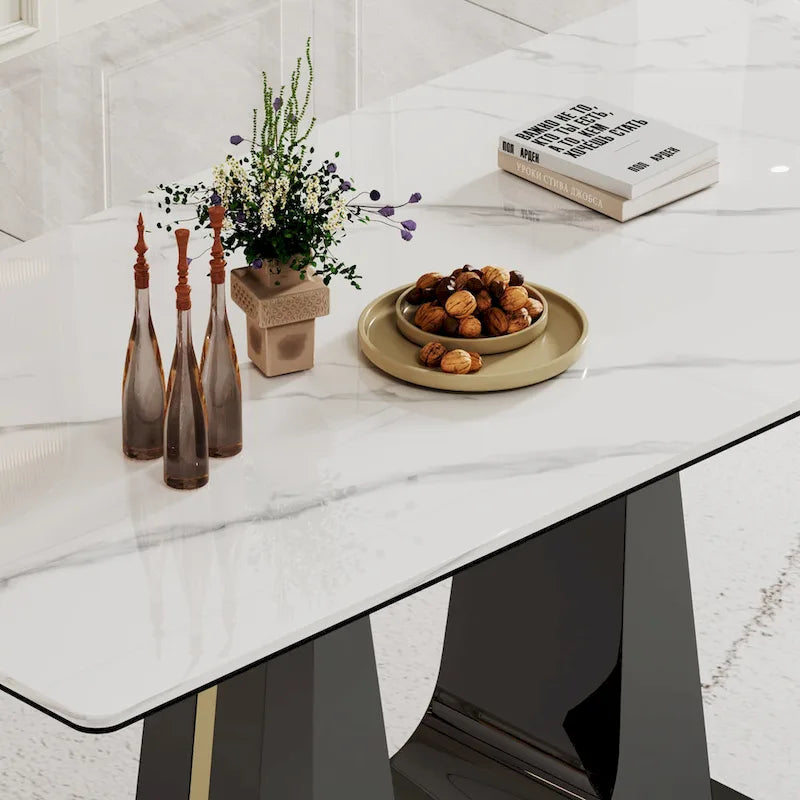 Table de salle à manger avec plateau en verre trempé composite de pierre frittée épaisse et base en acier inoxydable