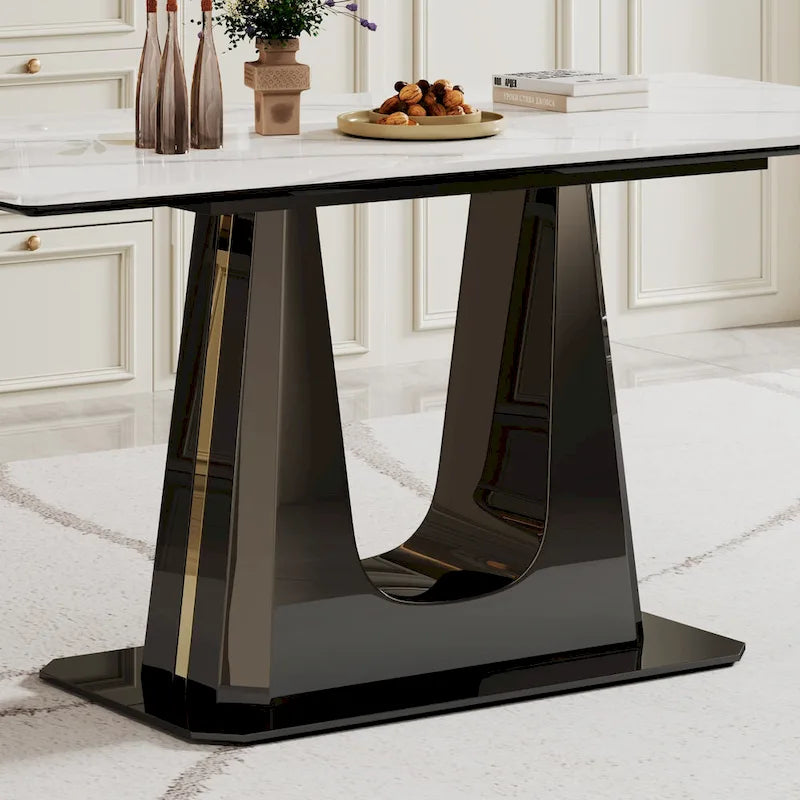 Table de salle à manger avec plateau en verre trempé composite de pierre frittée épaisse et base en acier inoxydable