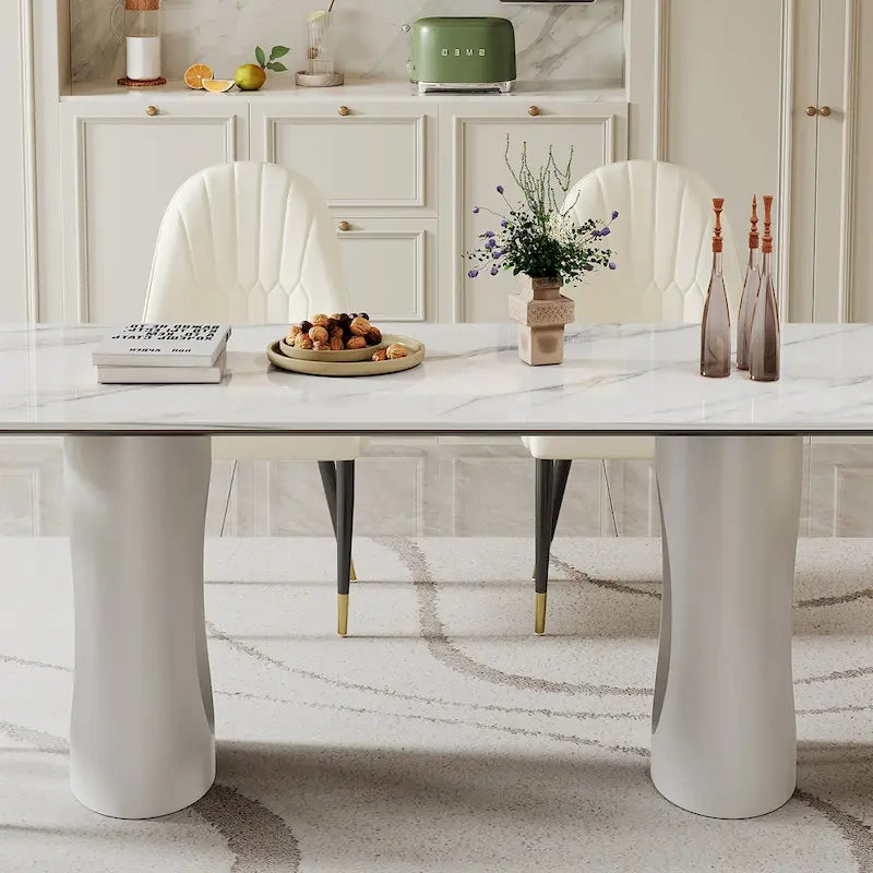 Table de salle à manger avec plateau en verre trempé composite de pierre frittée épaisse et base en acier inoxydable