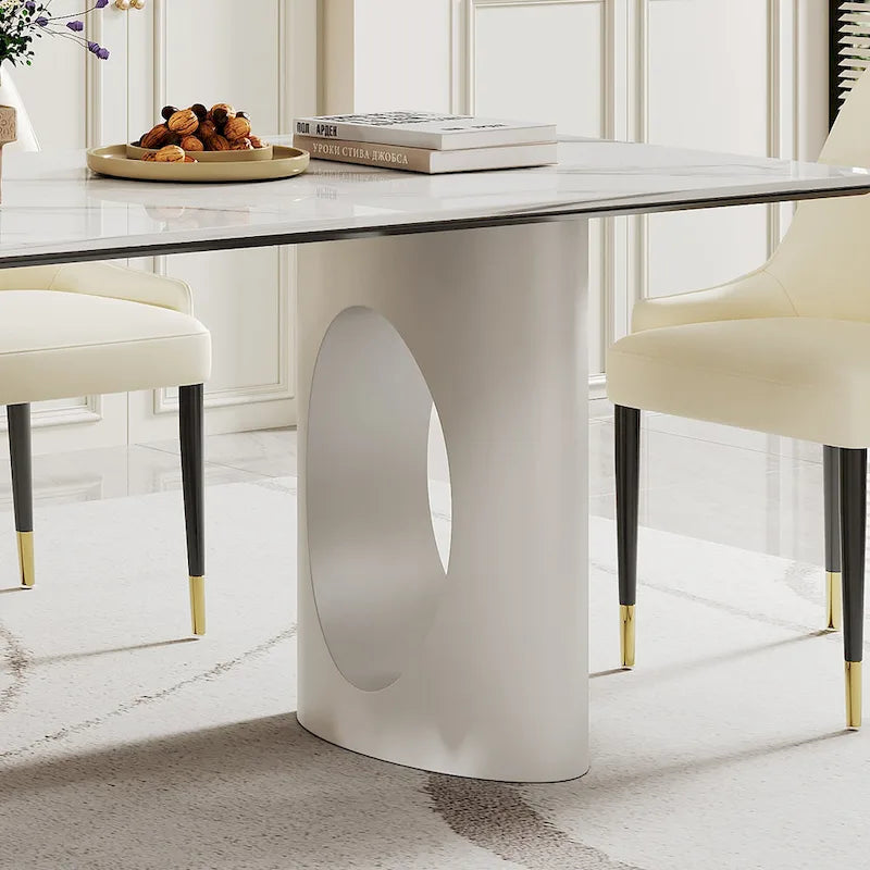 Table de salle à manger avec plateau en verre trempé composite de pierre frittée épaisse et base en acier inoxydable