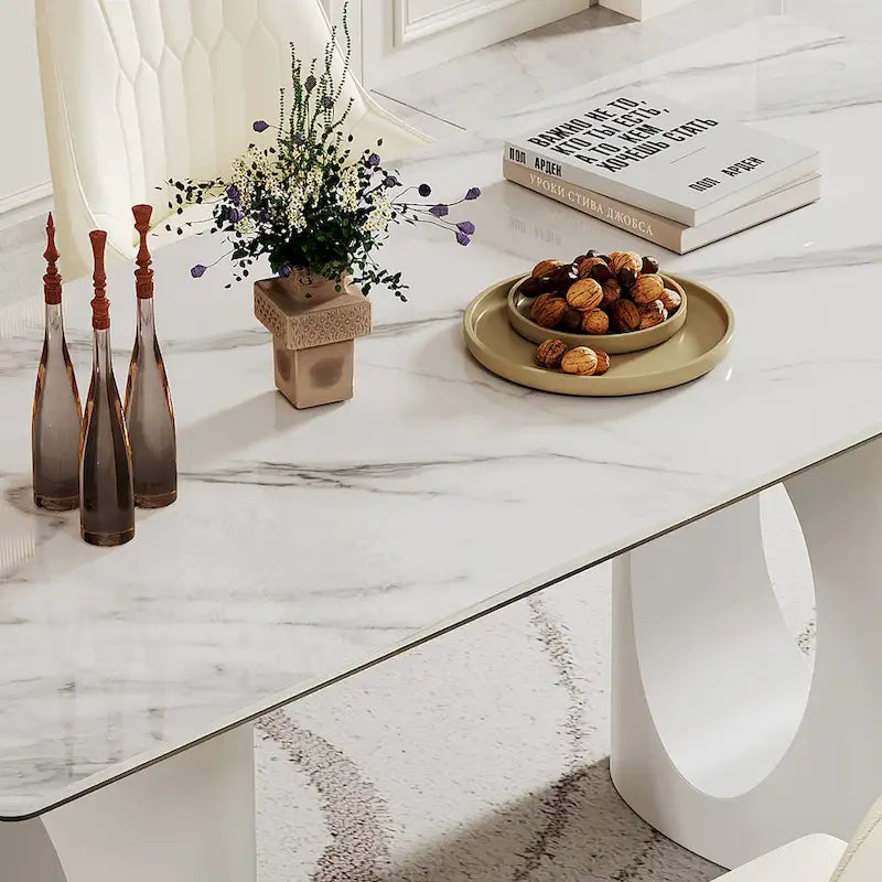 Table de salle à manger avec plateau en verre trempé composite de pierre frittée épaisse et base en acier inoxydable