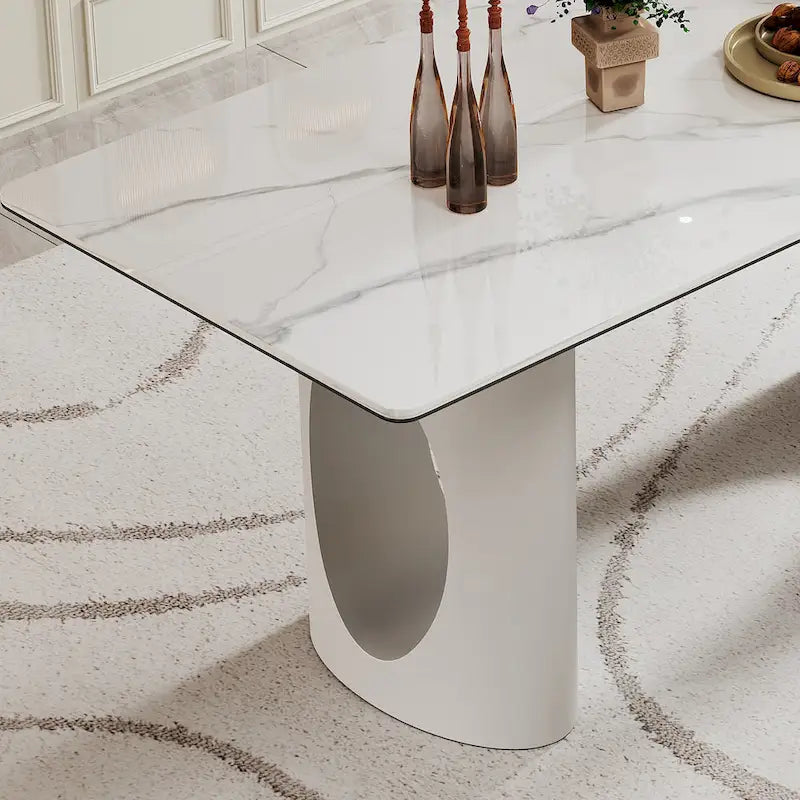 Table de salle à manger avec plateau en verre trempé composite de pierre frittée épaisse et base en acier inoxydable