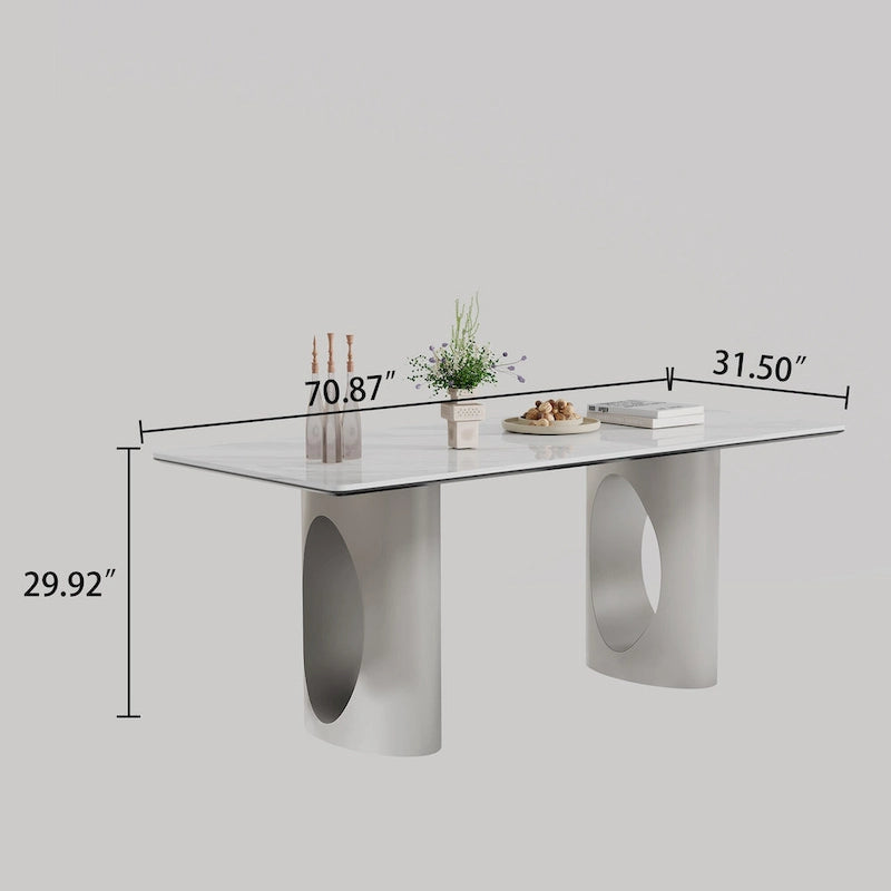 Table de salle à manger avec plateau en verre trempé composite de pierre frittée épaisse et base en acier inoxydable