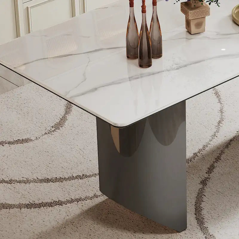 Table de salle à manger avec plateau en verre trempé composite de pierre frittée épaisse et base en acier inoxydable