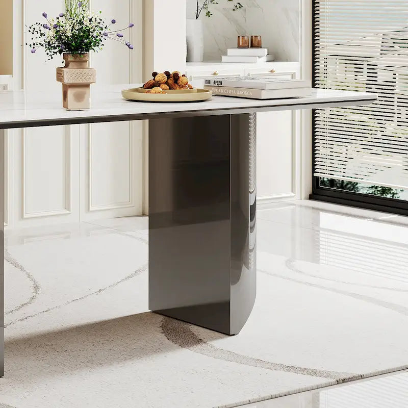 Table de salle à manger avec plateau en verre trempé composite de pierre frittée épaisse et base en acier inoxydable