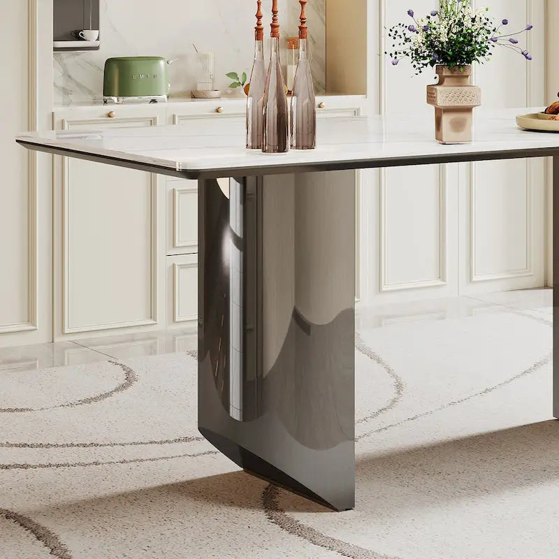 Table de salle à manger avec plateau en verre trempé composite de pierre frittée épaisse et base en acier inoxydable