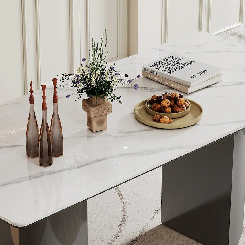 Table de salle à manger avec plateau en verre trempé composite de pierre frittée épaisse et base en acier inoxydable