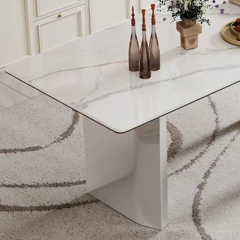 Table de salle à manger avec plateau en verre trempé composite de pierre frittée épaisse et base en acier inoxydable
