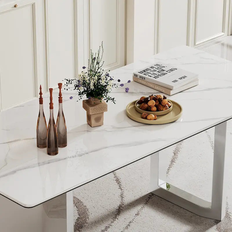 Table de salle à manger avec plateau en verre trempé composite de pierre frittée épaisse et base en acier inoxydable