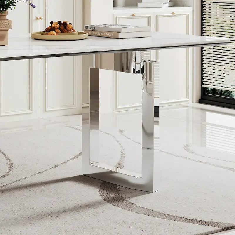 Table de salle à manger avec plateau en verre trempé composite de pierre frittée épaisse et base en acier inoxydable