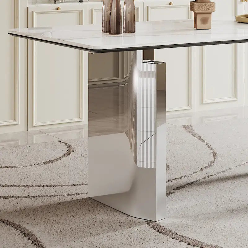 Table de salle à manger avec plateau en verre trempé composite de pierre frittée épaisse et base en acier inoxydable