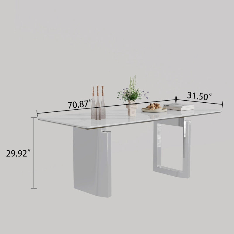 Table de salle à manger avec plateau en verre trempé composite de pierre frittée épaisse et base en acier inoxydable