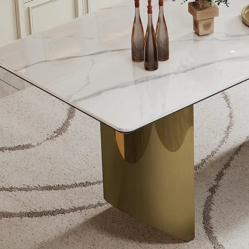 Table de salle à manger avec plateau en verre trempé composite de pierre frittée épaisse et base en acier inoxydable