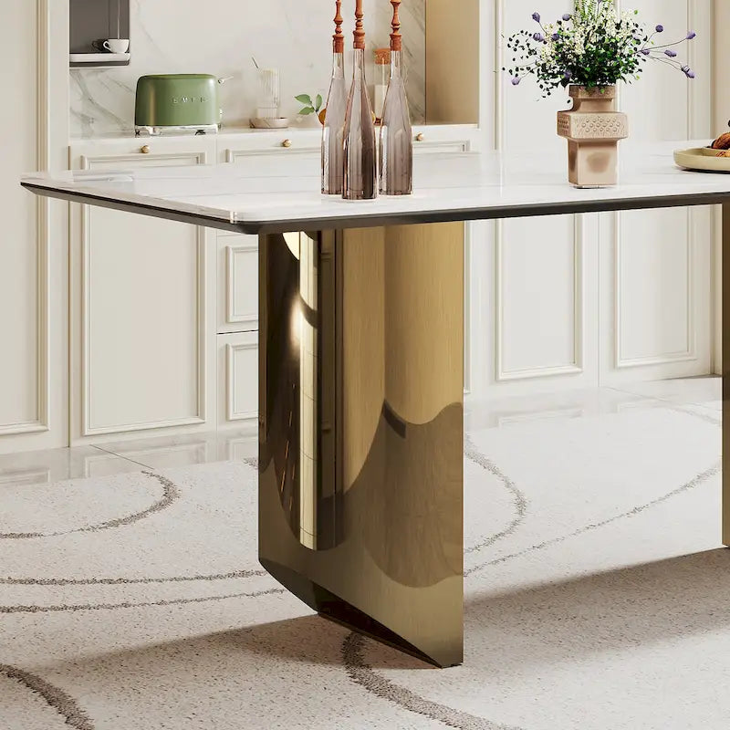 Table de salle à manger avec plateau en verre trempé composite de pierre frittée épaisse et base en acier inoxydable