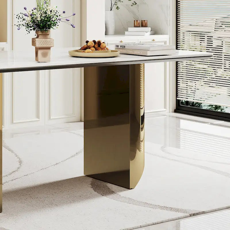 Table de salle à manger avec plateau en verre trempé composite de pierre frittée épaisse et base en acier inoxydable