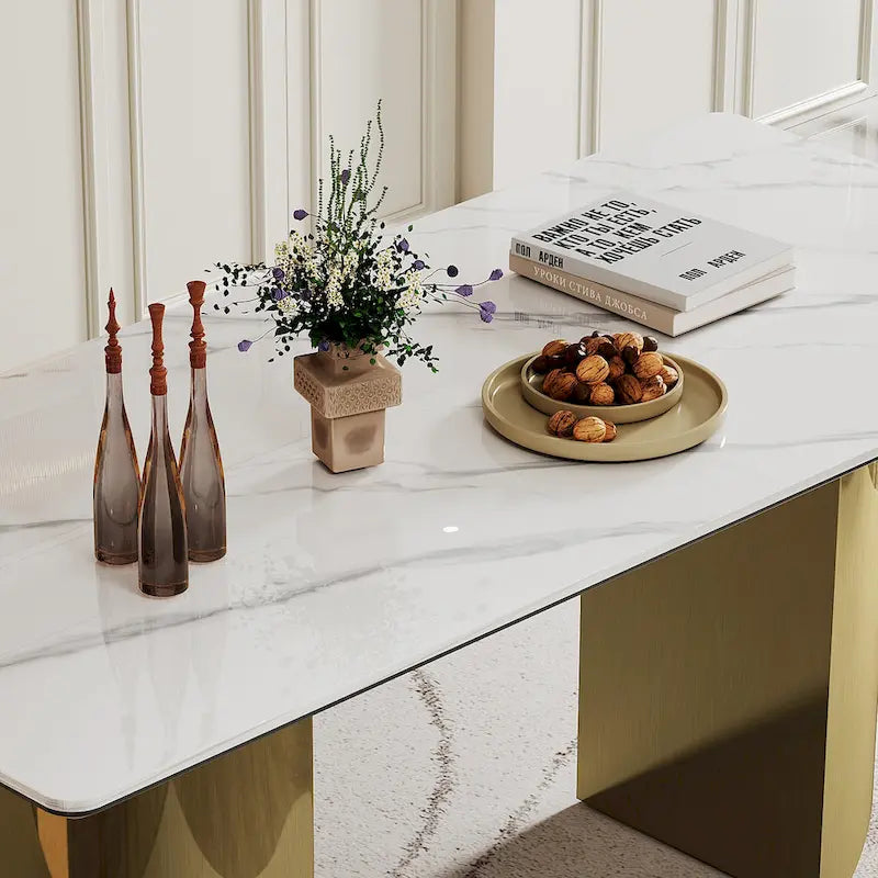 Table de salle à manger avec plateau en verre trempé composite de pierre frittée épaisse et base en acier inoxydable