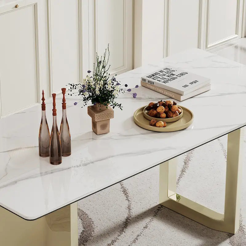 Table de salle à manger avec plateau en verre trempé composite de pierre frittée épaisse et base en acier inoxydable