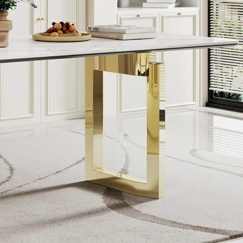 Table de salle à manger avec plateau en verre trempé composite de pierre frittée épaisse et base en acier inoxydable