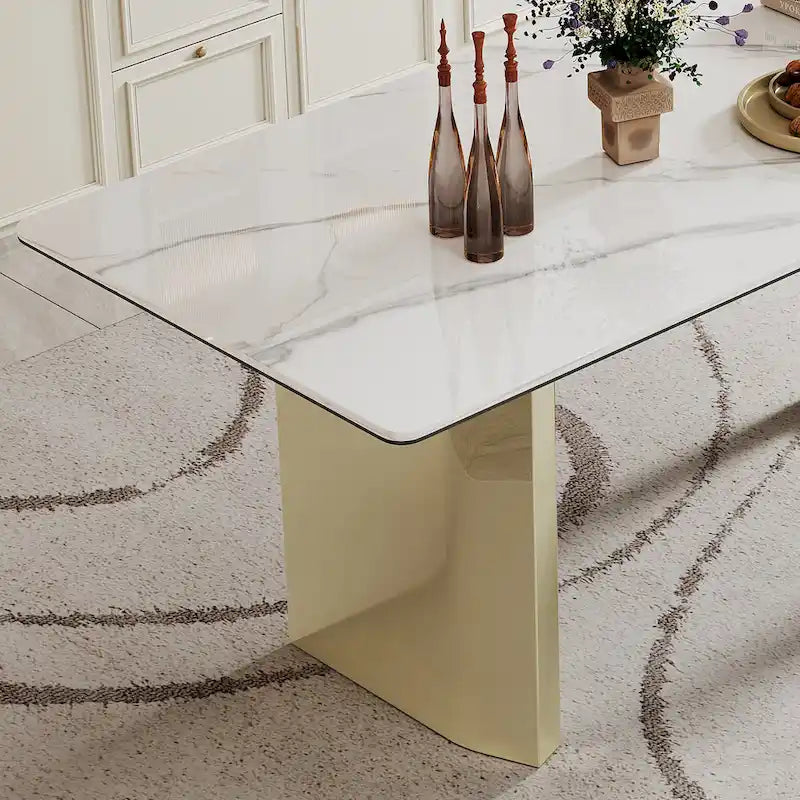 Table de salle à manger avec plateau en verre trempé composite de pierre frittée épaisse et base en acier inoxydable