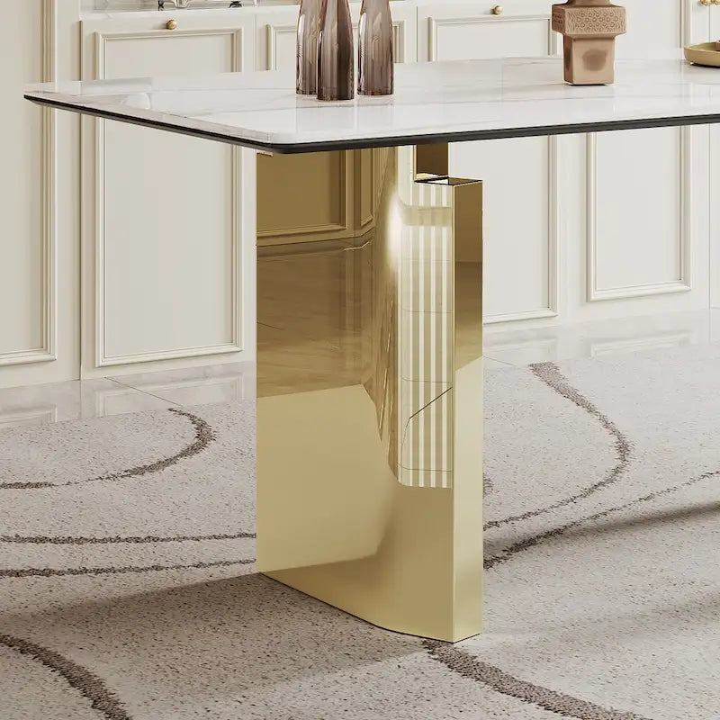 Table de salle à manger avec plateau en verre trempé composite de pierre frittée épaisse et base en acier inoxydable